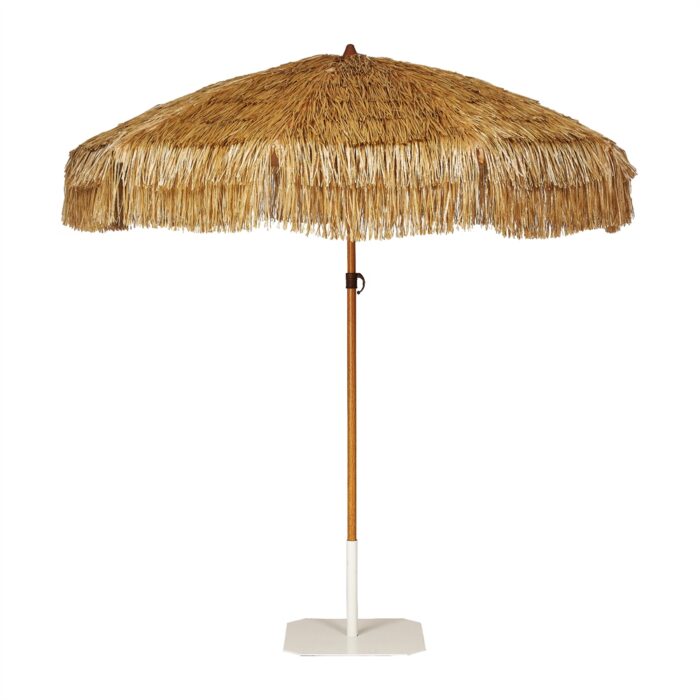 Parasol Manilex Rafia de fibra de poliéster Ø200 cm con mástil de aluminio lacado en madera natural, diseño tropical y funcional para exteriores.