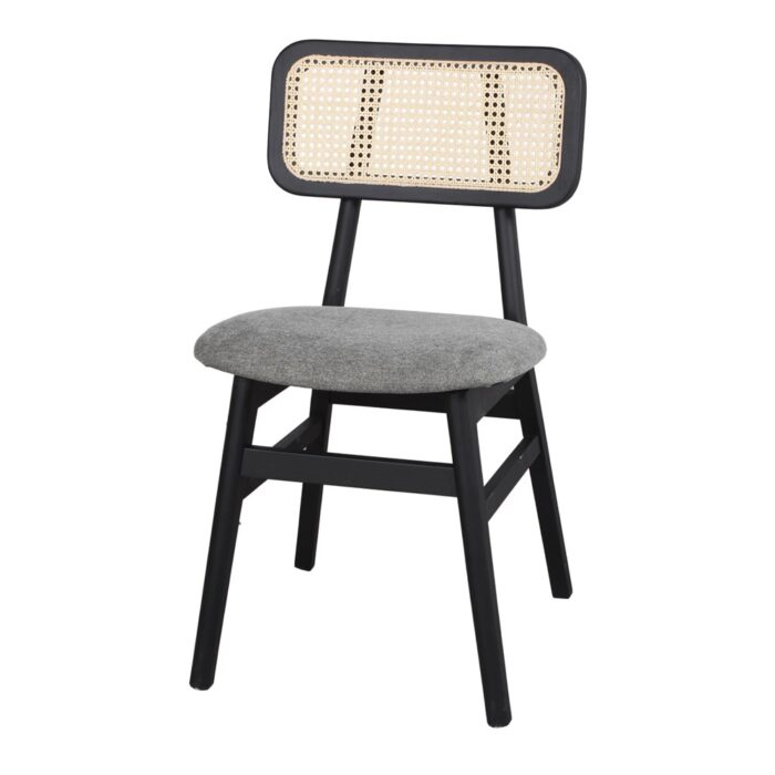 Silla Blasako Gris Verdoso de madera de fresno lacada en negro, con asiento tapizado en textil gris verdoso y respaldo de ratán tipo cannage.