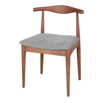 Silla madera fresno con acabado nogal y asiento textil color gris verdoso, diseño moderno y ergonómico, ideal para interiores.