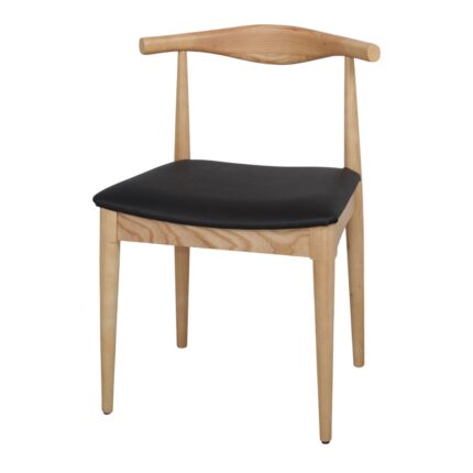 Silla madera fresno con asiento tapizado negro, diseño moderno y cómodo, ideal para interiores elegantes.