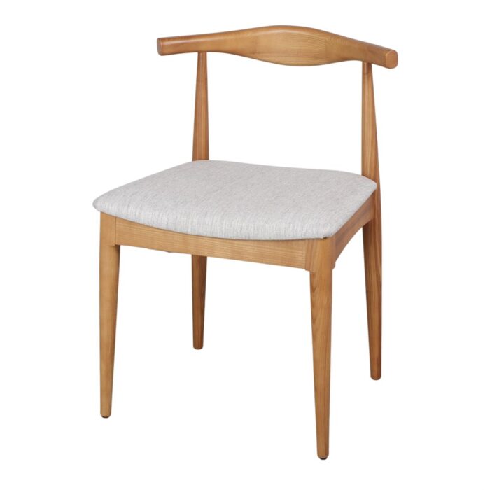 Silla madera fresno con asiento tapizado color arena, diseño ergonómico y elegante, ideal para interiores cálidos y modernos.