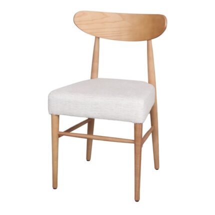 Silla de madera fresno con asiento tapizado color tostado, diseño ergonómico y elegante, ideal para interiores modernos.