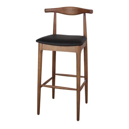 Taburete Nogansen Alto de madera nogal con asiento tapizado PU negro, diseño ergonómico y elegante.