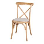 Silla Lotus Natural de madera de olmo con asiento textil color tostado, diseño apilable y elegante, dimensiones L50 x A52 x Altura total 89 cm.