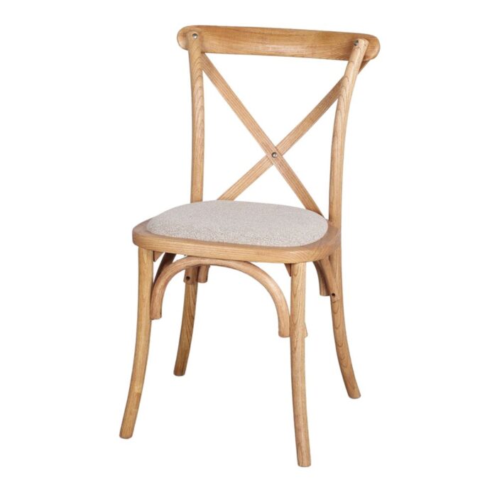 Silla Lotus Natural de madera de olmo con asiento textil color tostado, diseño apilable y elegante, dimensiones L50 x A52 x Altura total 89 cm.