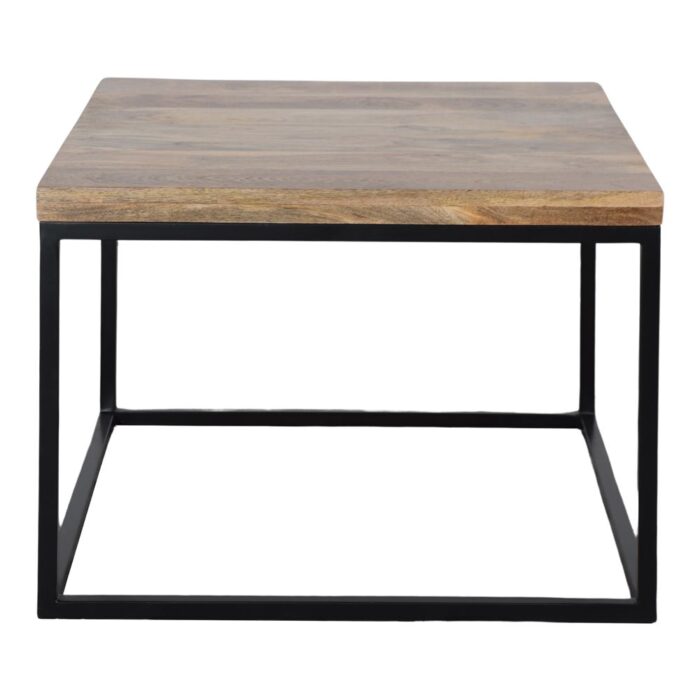 Mesa Baja Infinity con estructura metálica negra y tapa de madera L65xA65xH47 cm, diseño moderno para interiores.