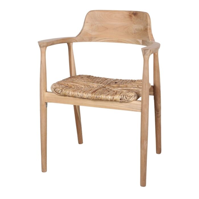 Silla Mandalay de madera de teka con asiento de fibra de banano natural trenzada, diseño artesanal y elegante, dimensiones L59 x A50 x Altura total 78 cm.