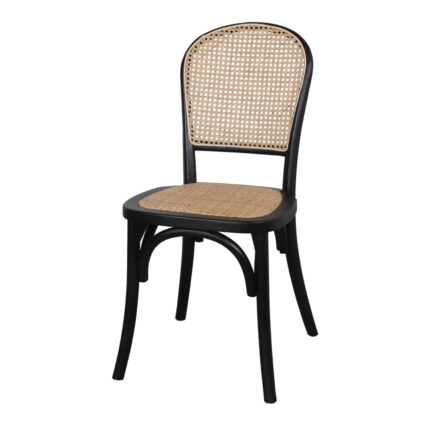 Silla Vivendi Negro, madera de olmo con asiento y respaldo de ratán tipo cannage, diseño apilable y elegante.